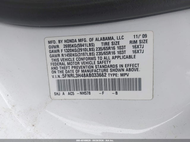 45169529 :رقم المزاد ، 5FNRL3H48AB033662 vin ، 2010 Honda Odyssey Ex مزاد بيع