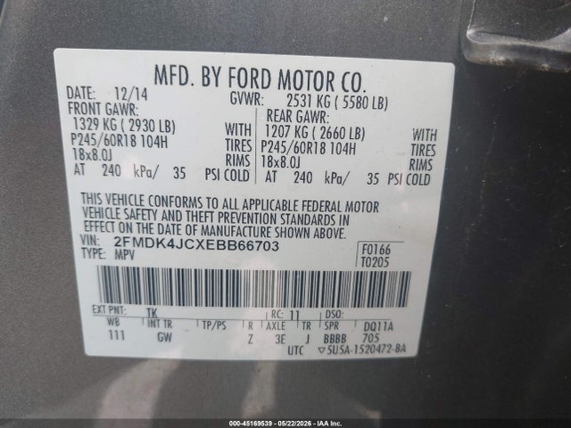 45169539 :رقم المزاد ، 2FMDK4JCXEBB66703 vin ، 2014 Ford Edge Sel مزاد بيع