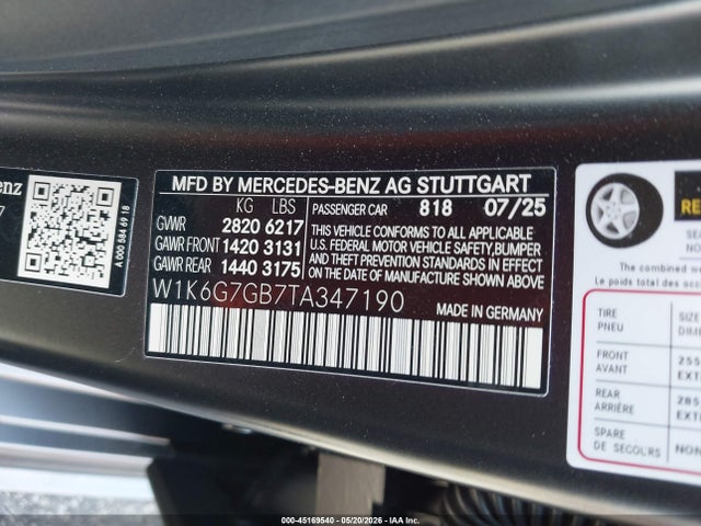 45169540 :رقم المزاد ، W1K6G7GB7TA347190 vin ، 2026 Mercedes-benz S 580 4matic مزاد بيع