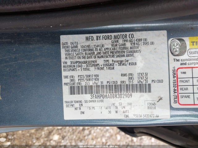 Продажа на аукционе авто 2011 Ford Fusion Se, vin: 3FAHP0HA0BR302909, номер лота: 45169551