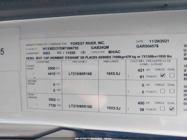 45169573 :رقم المزاد ، W1X8ED3Y5MT066755 vin ، 2022 Forest River 2400q- Sunseeker Mb مزاد بيع