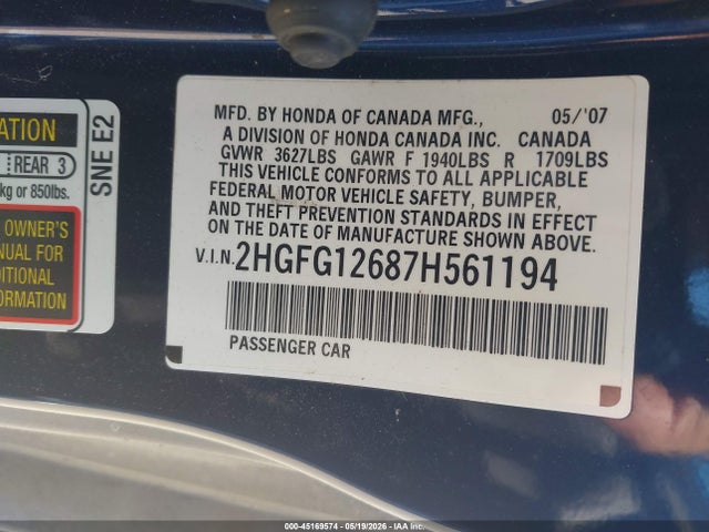 45169574 :رقم المزاد ، 2HGFG12687H561194 vin ، 2007 Honda Civic Lx مزاد بيع
