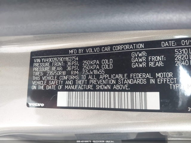 2013 Volvo Xc70 T6 მანქანა იყიდება აუქციონზე, vin: YV4902BZ9D1162754, აუქციონის ნომერი: 45169578