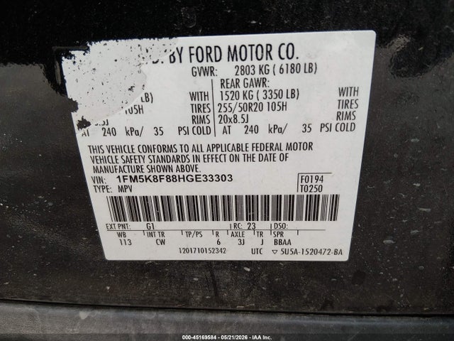 Aukcja sprzedaży 2017 Ford Explorer Limited, vin: 1FM5K8F88HGE33303, numer aukcji: 45169584