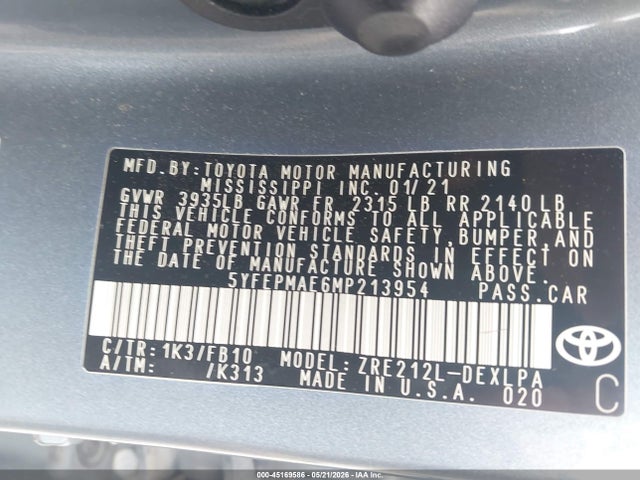 2021 Toyota Corolla Le მანქანა იყიდება აუქციონზე, vin: 5YFEPMAE6MP213954, აუქციონის ნომერი: 45169586