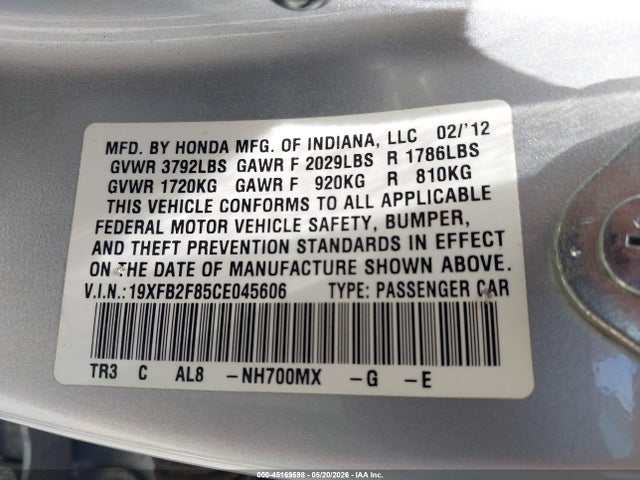 Продажа на аукционе авто 2012 Honda Civic Ex, vin: 19XFB2F85CE045606, номер лота: 45169598