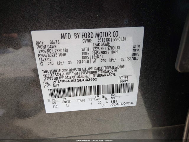 Aukcja sprzedaży 2016 Ford Edge Sel, vin: 2FMPK4J93GBC03952, numer aukcji: 45169601