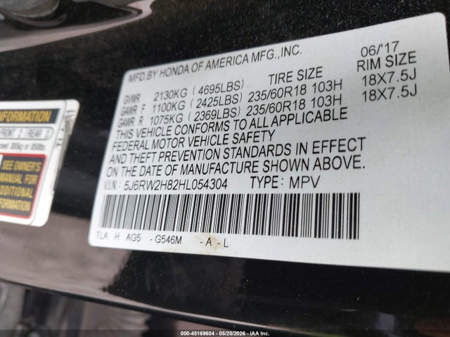 Aukcja sprzedaży 2017 Honda Cr-v Ex-l/ex-l Navi, vin: 5J6RW2H82HL054304, numer aukcji: 45169604
