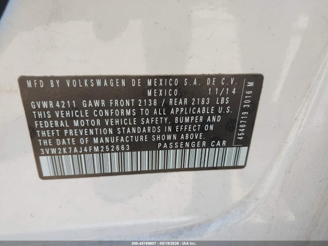 2015 Volkswagen Jetta 2.0l S მანქანა იყიდება აუქციონზე, vin: 3VW2K7AJ4FM252663, აუქციონის ნომერი: 45169607
