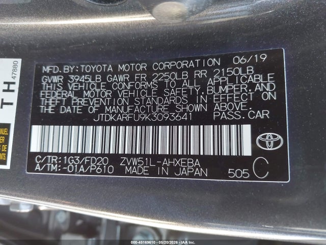 Toyota Prius Le 2019 JTDKARFU9K3093641 Image 9