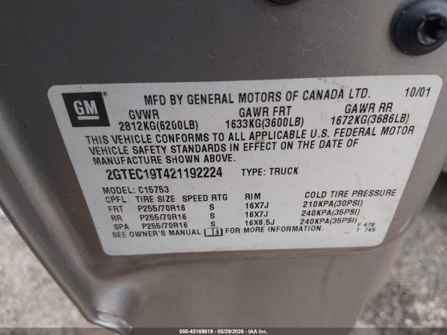 Продаж на аукціоні авто 2002 Gmc Sierra 1500 Sle, vin: 2GTEC19T421192224, номер лоту: 45169619