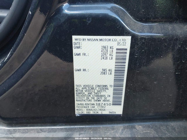 45169620 :رقم المزاد ، 1N4BL4DV5NN387450 vin ، 2022 Nissan Altima Sv Fwd مزاد بيع