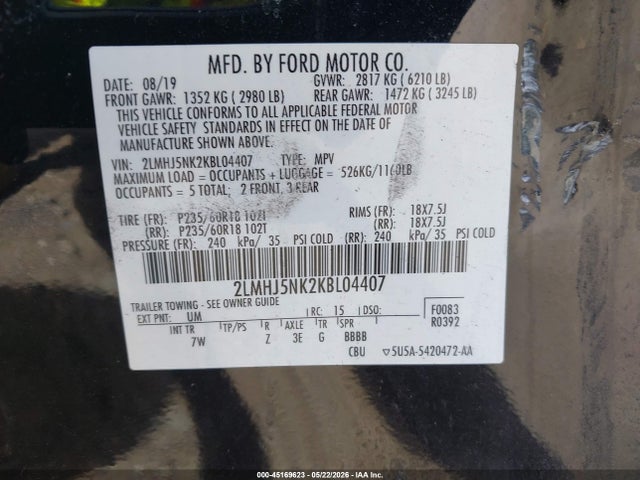 45169623 :رقم المزاد ، 2LMHJ5NK2KBL04407 vin ، 2019 Lincoln Mkt Livery مزاد بيع