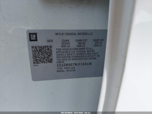 2020 Chevrolet Malibu Fwd Ls მანქანა იყიდება აუქციონზე, vin: 1G1ZB5ST9LF153136, აუქციონის ნომერი: 45169635