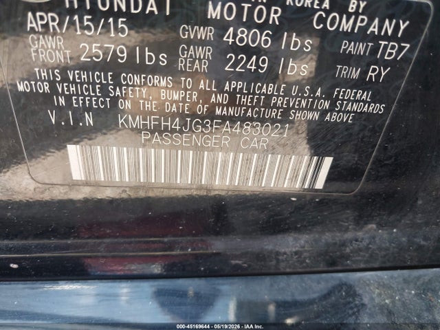 Aukcja sprzedaży 2015 Hyundai Azera Limited, vin: KMHFH4JG3FA483021, numer aukcji: 45169644