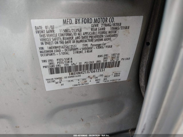 2007 Mercury Montego Premier მანქანა იყიდება აუქციონზე, vin: 1MEHM421X7G612551, აუქციონის ნომერი: 45169645