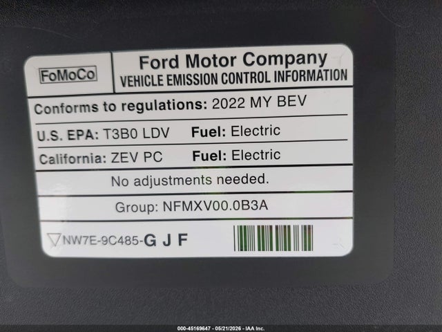 2022 Ford Mustang Mach-e Premium მანქანა იყიდება აუქციონზე, vin: 3FMTK3SS2NMA43732, აუქციონის ნომერი: 45169647