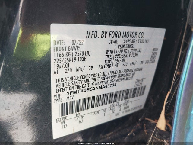 2022 Ford Mustang Mach-e Premium მანქანა იყიდება აუქციონზე, vin: 3FMTK3SS2NMA43732, აუქციონის ნომერი: 45169647