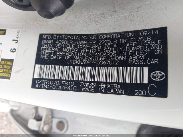 2015 Toyota Prius Plug-in მანქანა იყიდება აუქციონზე, vin: JTDKN3DP7F3067012, აუქციონის ნომერი: 45169648