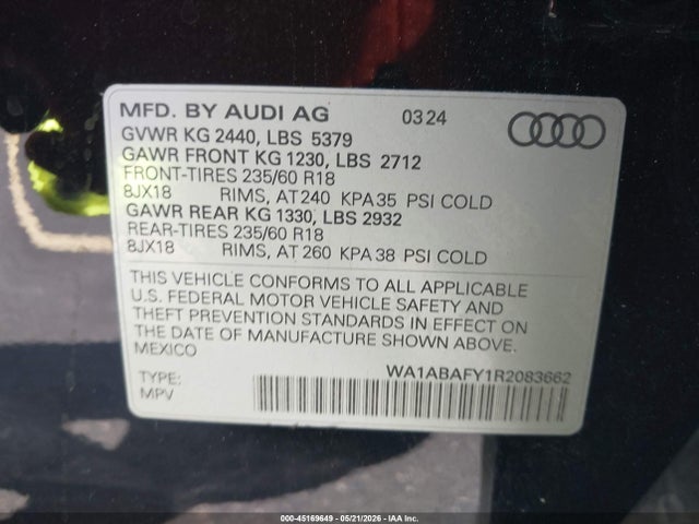 45169649 :رقم المزاد ، WA1ABAFY1R2083662 vin ، 2024 Audi Q5 Premium 40 Tfsi Quattro S Tronic مزاد بيع