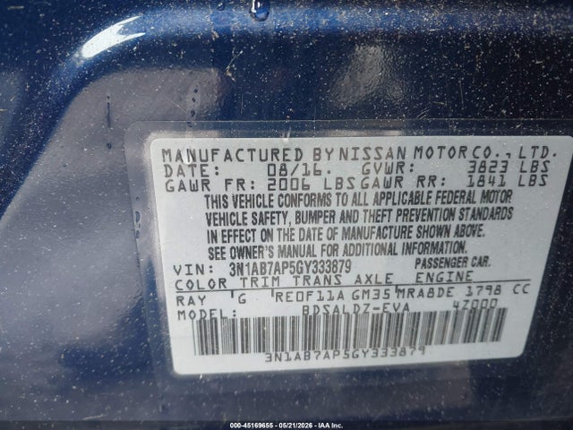 Aukcja sprzedaży 2016 Nissan Sentra Sv, vin: 3N1AB7AP5GY333879, numer aukcji: 45169655