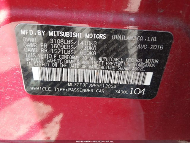 Продаж на аукціоні авто 2017 Mitsubishi Mirage G4 Es, vin: ML32F3FJ9HHF12058, номер лоту: 45169656