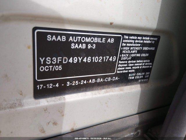 Продаж на аукціоні авто 2006 Saab 9-3 2.0t, vin: YS3FD49Y461021749, номер лоту: 45169675