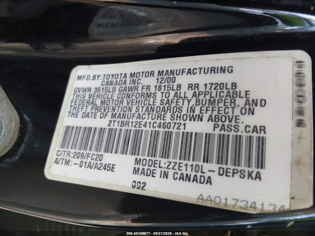 Продаж на аукціоні авто 2001 Toyota Corolla S, vin: 2T1BR12E41C460721, номер лоту: 45169677