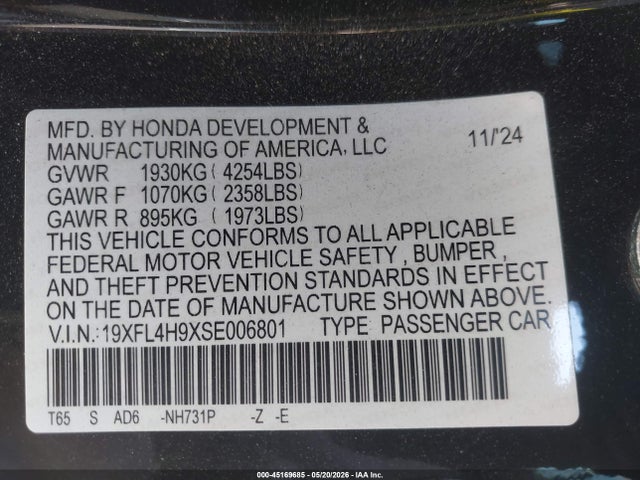 19XFL4H9XSE006801 Honda Civic Hybrid Sport Touring