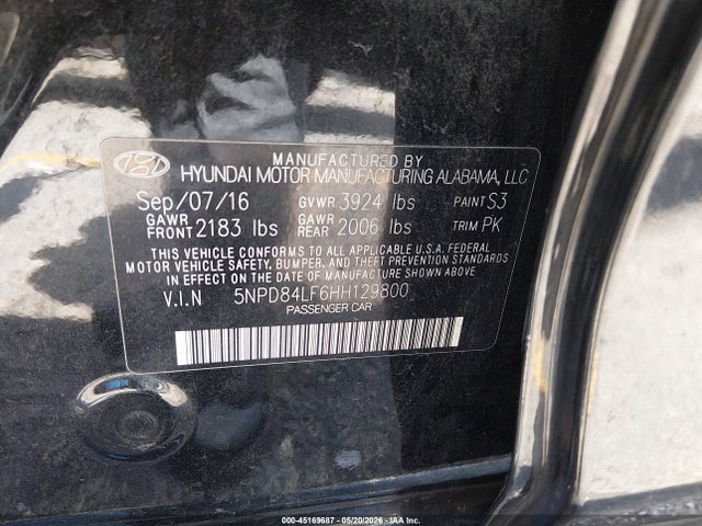 45169687 :رقم المزاد ، 5NPD84LF6HH129800 vin ، 2017 Hyundai Elantra Se مزاد بيع