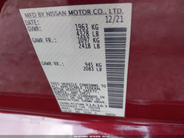 Продаж на аукціоні авто 2022 Nissan Altima Sr Fwd, vin: 1N4BL4CV5NN316363, номер лоту: 45169694