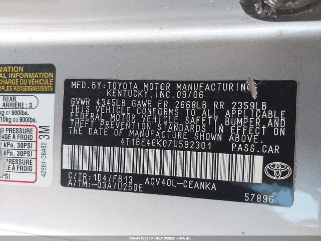Aukcja sprzedaży 2007 Toyota Camry Le, vin: 4T1BE46K07U592301, numer aukcji: 45169700