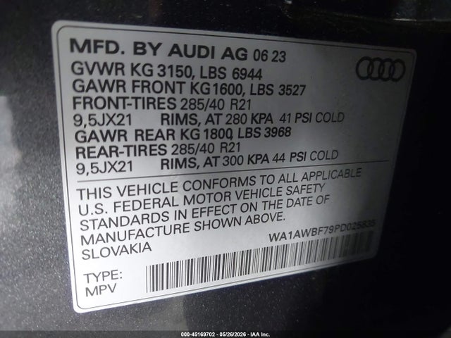 Aukcja sprzedaży 2023 Audi Sq7 Premium Plus Tfsi Quattro Tiptronic, vin: WA1AWBF79PD025835, numer aukcji: 45169702