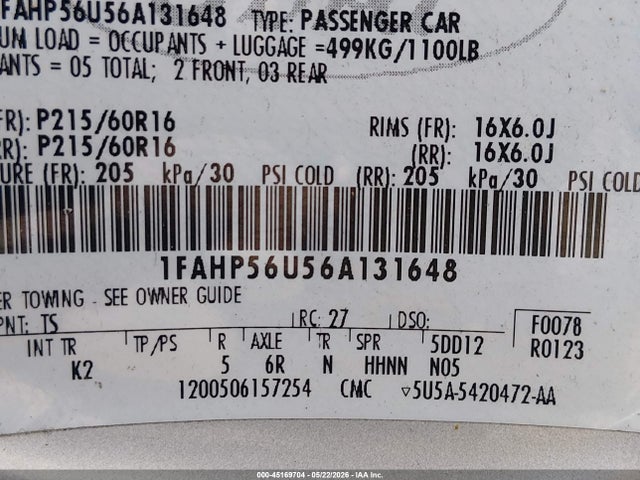Продажа на аукционе авто 2006 Ford Taurus Sel, vin: 1FAHP56U56A131648, номер лота: 45169704