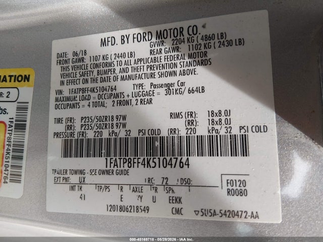 Продаж на аукціоні авто 2019 Ford Mustang Gt Premium, vin: 1FATP8FF4K5104764, номер лоту: 45169718