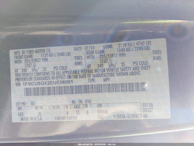 Aukcja sprzedaży 2014 Ford Escape Se, vin: 1FMCU9GX2EUE06091, numer aukcji: 45169720
