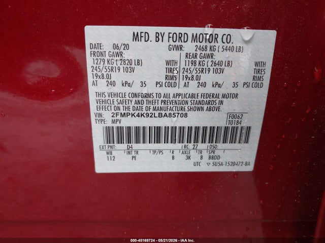 Продаж на аукціоні авто 2020 Ford Edge Titanium, vin: 2FMPK4K92LBA85708, номер лоту: 45169724