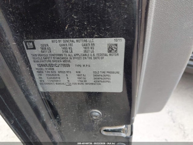 Продаж на аукціоні авто 2012 Chevrolet Traverse 2lt, vin: 1GNKRJED1CJ179509, номер лоту: 45169726