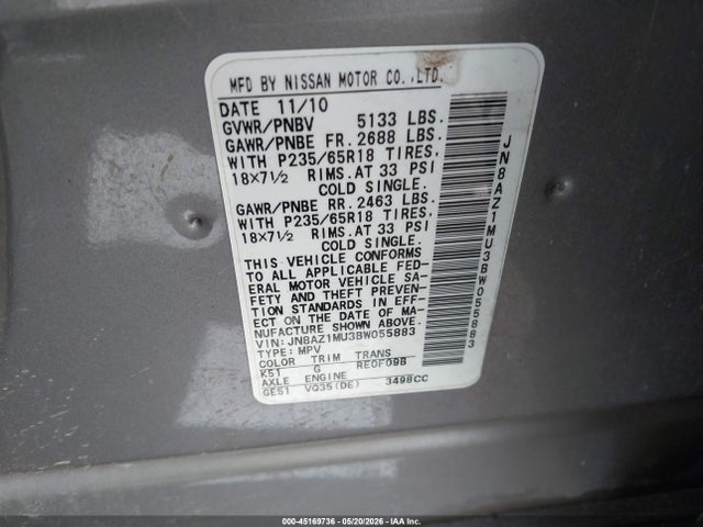 2011 Nissan Murano S მანქანა იყიდება აუქციონზე, vin: JN8AZ1MU3BW055883, აუქციონის ნომერი: 45169736