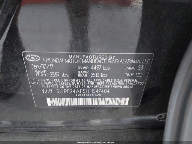 Auction sale of the 2017 Hyundai Sonata Se, vin: 5NPE24AF5HH547404, lot number: 45169738