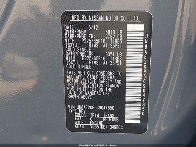 2012 Nissan Quest Sv მანქანა იყიდება აუქციონზე, vin: JN8AE2KP5C9047850, აუქციონის ნომერი: 45169744