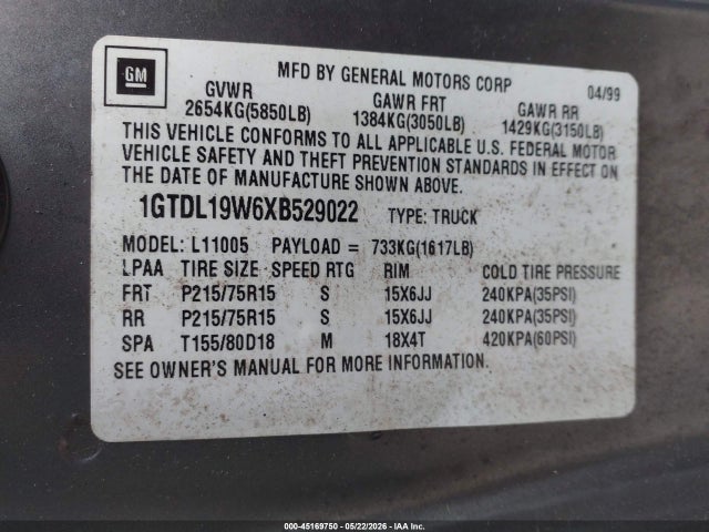 45169750 :رقم المزاد ، 1GTDL19W6XB529022 vin ، 1999 Gmc Safari Standard مزاد بيع