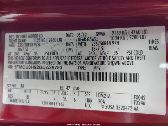 Auction sale of the 2013 Ford Escape Sel, vin: 1FMCU0H92DUA28753, lot number: 45169753