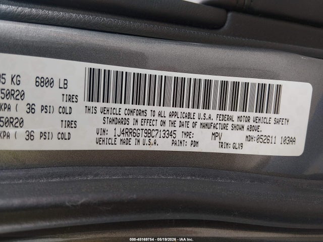 2011 Jeep Grand Cherokee Overland მანქანა იყიდება აუქციონზე, vin: 1J4RR6GT9BC713345, აუქციონის ნომერი: 45169754