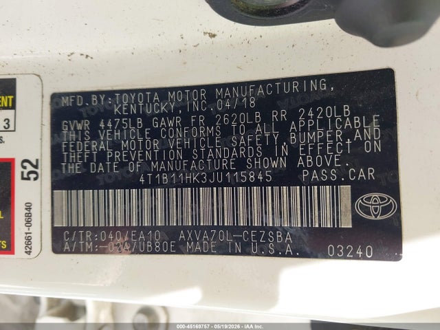 Auction sale of the 2018 Toyota Camry Se, vin: 4T1B11HK3JU115845, lot number: 45169757