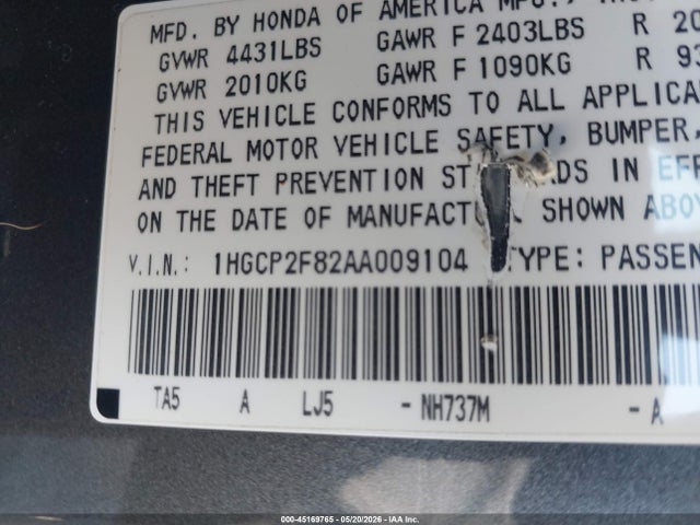 2010 Honda Accord 2.4 Ex-l მანქანა იყიდება აუქციონზე, vin: 1HGCP2F82AA009104, აუქციონის ნომერი: 45169765