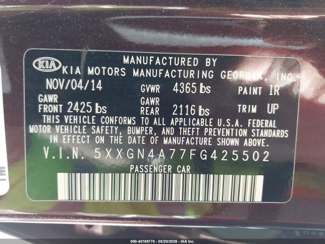 5XXGN4A77FG425502 KIA OPTIMA EX