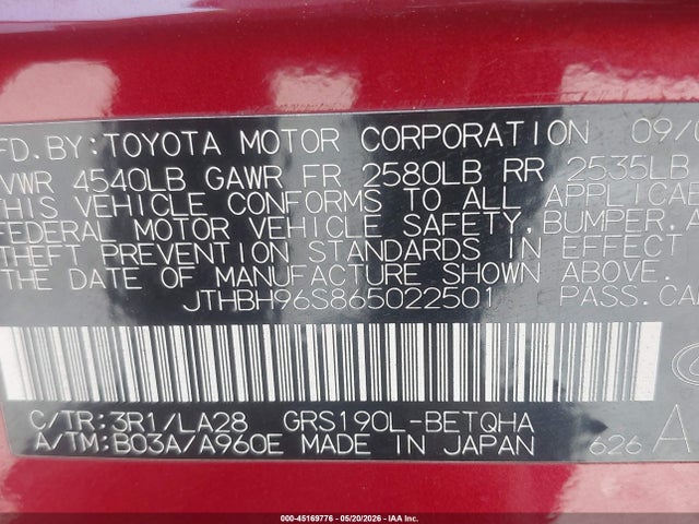 Продажа на аукционе авто 2006 Lexus Gs 300, vin: JTHBH96S865022501, номер лота: 45169776