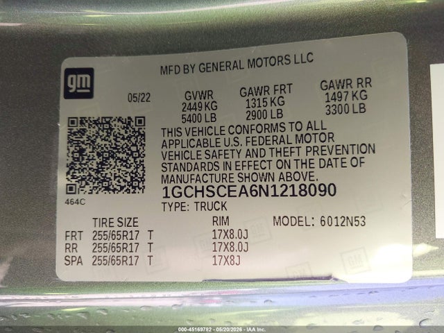 Aukcja sprzedaży 2022 Chevrolet Colorado 2wd  Long Box Lt, vin: 1GCHSCEA6N1218090, numer aukcji: 45169782