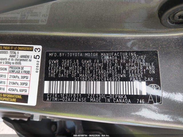 Продажа на аукционе авто 2007 Toyota Corolla Le, vin: 2T1BR30E57C846992, номер лота: 45169784